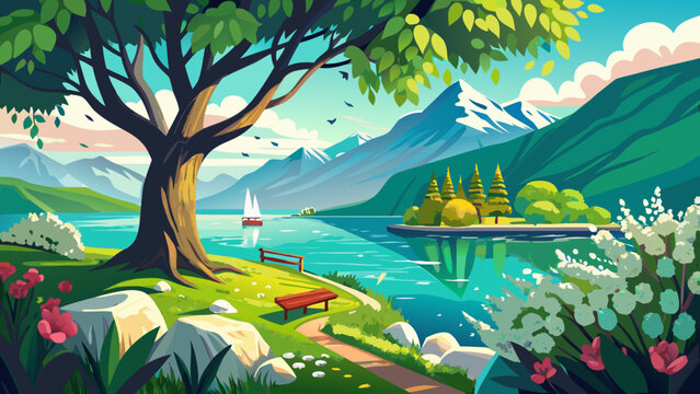 Very beautiful serene spring scene at Lake Geneva, featuring turquoise waters, a majestic tree, fresh greenery, and a calm atmosphere reflecting seasonal renewal and lakeside elegance.