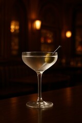 Elegant gin martini in a chilled coupe glass, single green olive on a silver pick, art deco bar interior, warm ambient lighting, cinematic cocktail photography.
