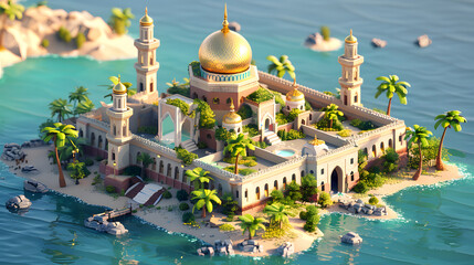 3d Isometric low poly clay style majestic ruins island