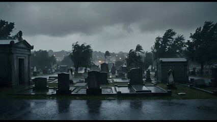 Cemetery landscape on a rainy day with stormy sky.
