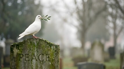 White Dove on Peace Monument in Cemetery.