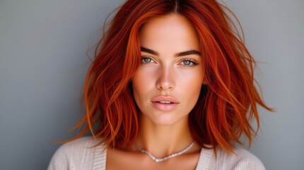 Naklejka premium Beautiful woman with vibrant red hair posing on gray background 