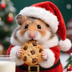 4k high quality Ai generative HD photo realistic red green white Merry Christmas and tree ornament cute kawaii natal decoration Santa Claus hat pet costume outfit hamster syrian eating cookies