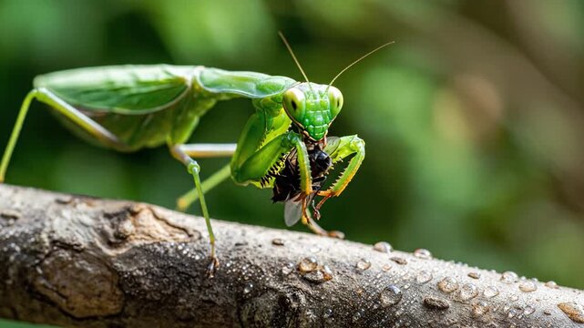 Green Praying Mantis Devours Insect on Dew-Covered Branch