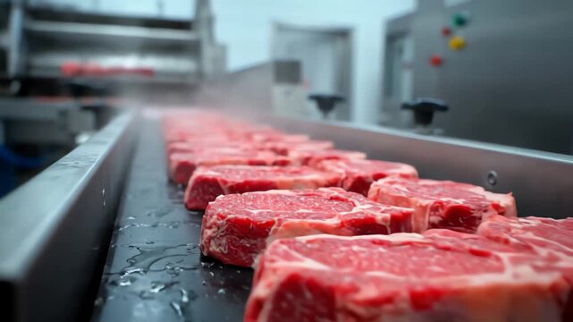Close up of freshly cut raw beef steaks moving on a conveyor belt in a processing plant