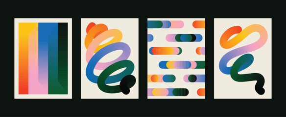 Set of four abstract geometric background posters with colorful gradient shapes. Modern Minimalist 3D Fluid Shapes. Poster collection in flat vector style. Contemporary graphic design concept