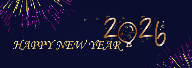 Obraz premium Luxury Happy New Year 2026 celebration banner featuring golden typography and colorful fireworks on a dark blue night background. Elegant festive design perfect for holiday 