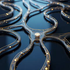 AI commercial design background, gold neural mesh, midnight blue circuitry, minimal center.