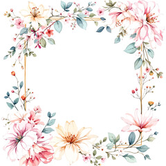 A pink floral frame with blooming flowers and leaves on a soft abstract spring background