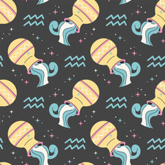 Seamless star pattern with Aquarius zodiac sign. Jug pouring water and constellation on black background. Repeat printable tile