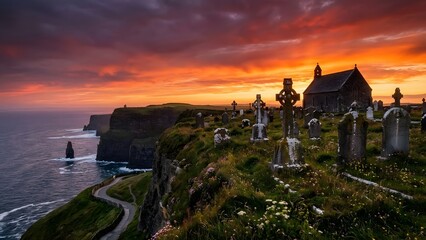 Church on Cliffside at Dramatic Sunset.