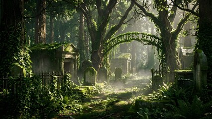 Mysterious Abandoned Mansion Entrance Forest Scene.