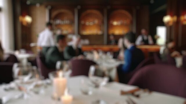 Unfocused background of an upscale restaurant with patrons dining and a waiter serving tables. Lit candles on the foreground table create a warm and inviting atmosphere suitable for fine dining