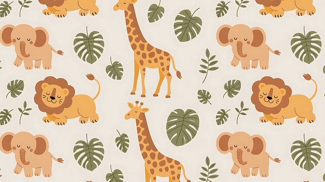 Whimsical jungle animals pattern with giraffes, lions, elephants, and leaves
