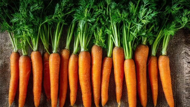 Fresh Carrots with Green Tops Lined Neatly on Burlap Fabric in a Brightly Lit Studio with a Flatlay Perspective and Earthy Tones and Natural Texture