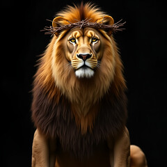 Fototapeta premium Majestic Anthropomorphic Lion with Muscular Physique Wearing a Crown of Thorns