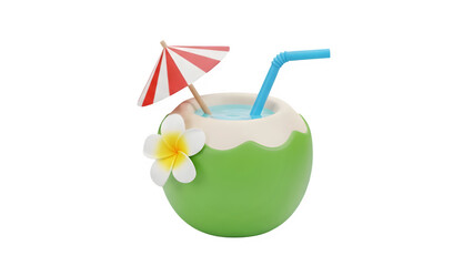Refreshing 3d rendered green coconut drink with tropical flower straw and umbrella on black
