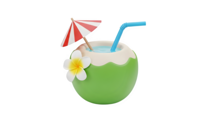 Refreshing 3d rendered green coconut drink with tropical flower straw and umbrella on black