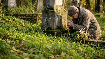 Man Praying at Weathered Cemetery Headstone.