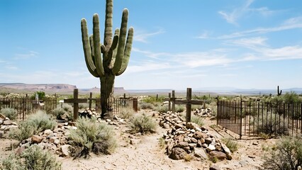 Saguaro Cactus in Desert Landscape with Fence.