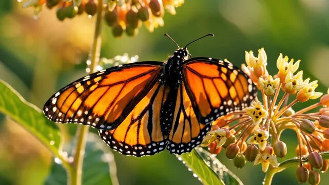 Monarch butterfly on milkweed stalk in sunlight