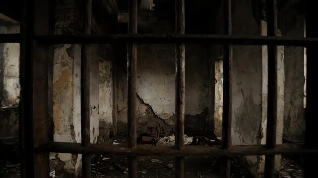  Abandoned Prison Cell Interior With Rusty Bars and Peeling Walls Cinematic View