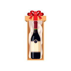 Elegant wine bottle in gift box with red ribbon