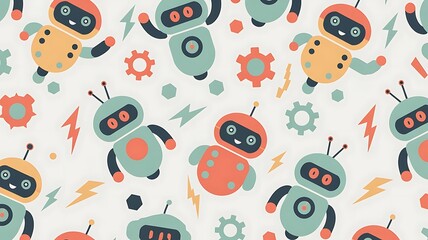 Colorful robots and gears on white background for kids tech education
