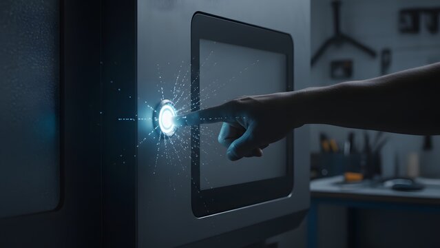 Person Interacting with Touchscreen Display. - Powered by Adobe