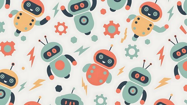 Colorful robots and gears on white background for kids tech education
