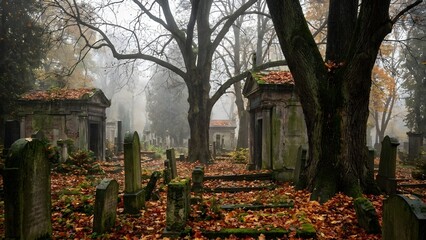 Spooky Cemetery Scene with Autumn Leaves and Trees.
