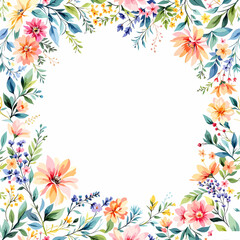 A colorful floral frame made of flowers and leaves creating a decorative border for cards and designs