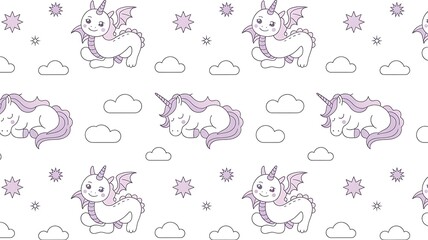 Obraz premium Adorable purple dragon unicorn pattern with clouds and stars