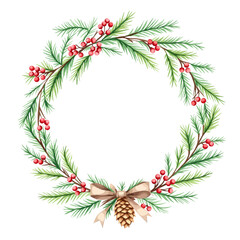 Seasonal botanical circle featuring fresh pine foliage and cheerful berry details