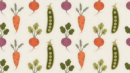 Vibrant vegetable pattern with carrots, beets, and peas on cream background