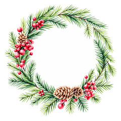 Seasonal botanical circle featuring fresh pine foliage and cheerful berry details