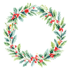 Holiday botanical wreath featuring evergreen foliage and bright red berries in delicate watercolor style