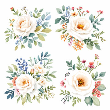 A vintage vector set of pink and yellow rose flowers and green leaves creates a beautiful floral bouquet for a nature-inspired wedding card or spring gift decoration