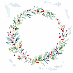 A festive Christmas wreath with green leaves and red holly berries on a white background