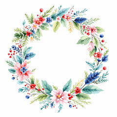 Vector illustration of a round Christmas wreath with floral leaves and holiday ornaments on a white background for a decorative spring frame design