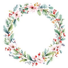 A festive Christmas wreath vector illustration featuring a floral border of holly berries, green leaves, and decorative branches for a holiday card design