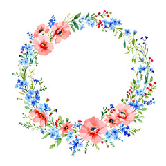 A round floral wreath frame with pink flowers and leaves forming a decorative spring border with butterflies