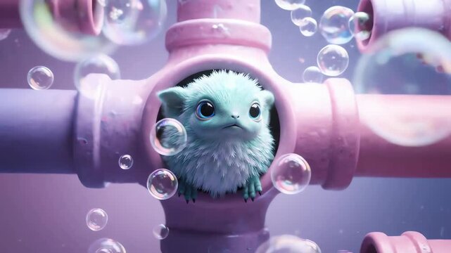 Cute Fantasy Creature with Big Eyes Peeking from a Pastel Pipe System with Bubbles