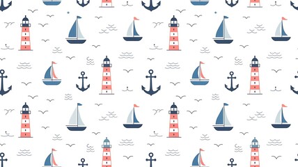 Nautical pattern with lighthouses, sailboats, and anchors on white