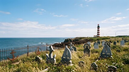 Lighthouse and Headstones on Coastal Hillside.