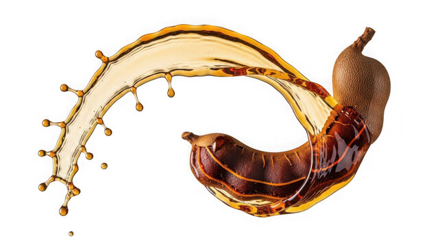 Tamarind fruit splash, liquid swirl, healthy exotic food ingredient isolated on transparent background