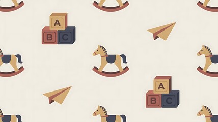 Whimsical nursery pattern with rocking horses and alphabet blocks