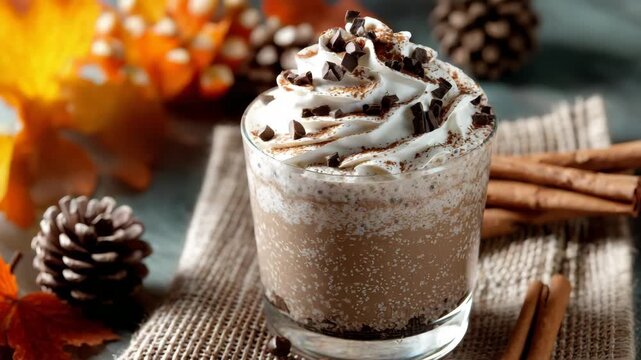 Frothy Brown Frappe in Glass Topped With Whipped Cream and Chocolate Pieces With Cinnamon Sticks And Autumn Leaves Backdrop