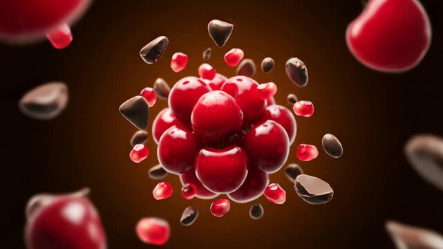 Close-up shot of fresh cherries and chocolate pieces exploding and swirling in slow motion