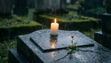 Candle and Rose on Tombstone in Cemetery.
